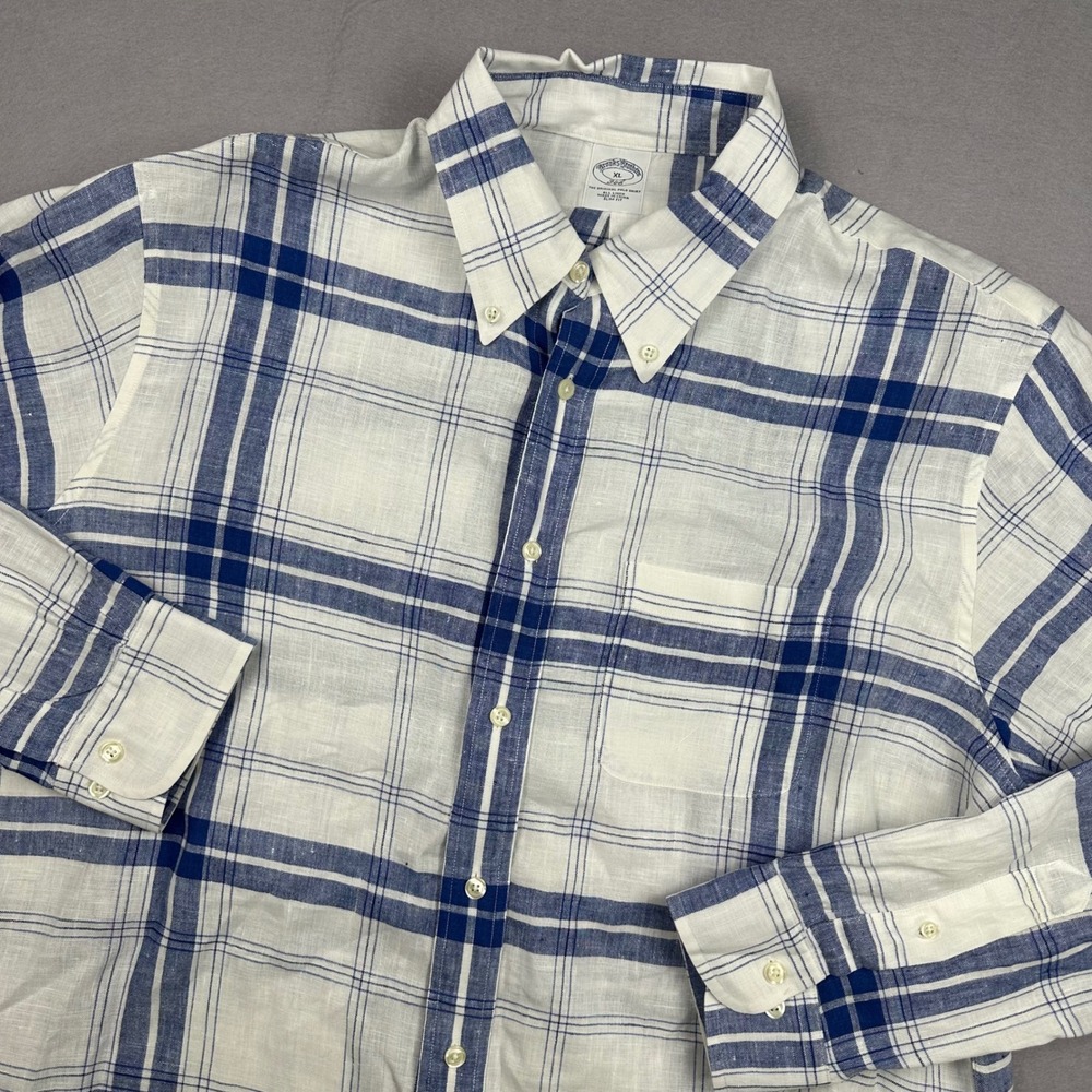 Brooks Brothers 346 Mens XL Slim Fit Linen Plaid Button Down Shirt Blue White